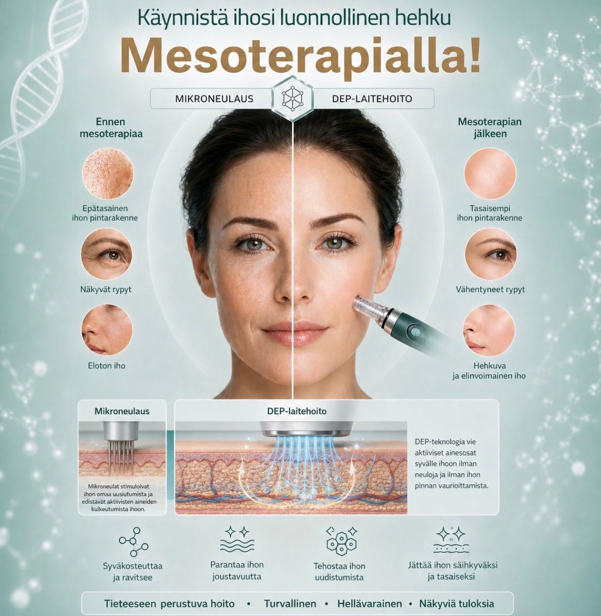 Mesoterapia – ennen ja jälkeen vertailu, mikroneulaus ja DEP-laitehoito